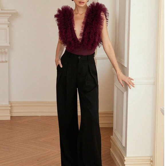 Burgundy Elegant Women's Party Sexy 3D Flower Bodysuit - Picture 3 of 7